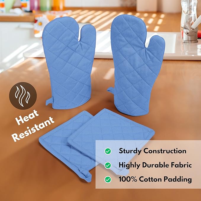 Native Fab Pot Holders and Oven Mitts Sets for Kitchen Heat Resistant - Hanging Non-Slip - 100% Cotton Kitchen Oven Mitts and Pot Holders 4-Piece Set - Blue