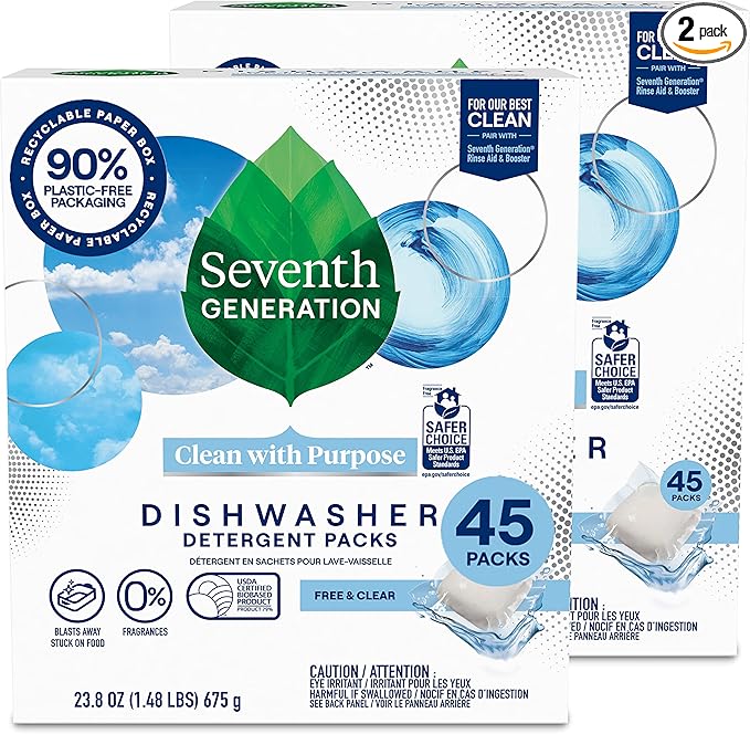 Seventh Generation Dishwasher Detergent Packs Free & Clear Pack of 2 for sparkling dishes Dishwasher tabs 45 count