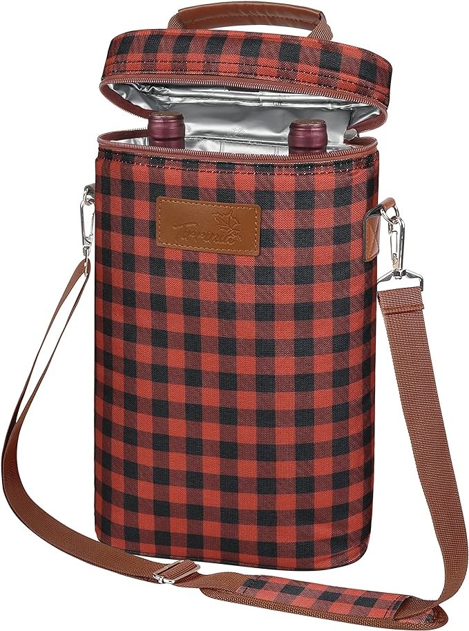 Tirrinia 2 Bottle Wine Gift Tote Carrier - Leakproof & Insulated Padded Versatile Cooler Bag for Travel, BYOB Restaurant, Tasting, Party, Dinner - Gift for Lovers, Red Checker