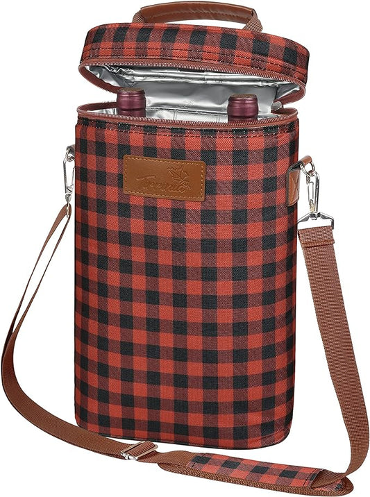 Tirrinia 2 Bottle Wine Gift Tote Carrier - Leakproof & Insulated Padded Versatile Cooler Bag for Travel, BYOB Restaurant, Tasting, Party, Dinner - Gift for Lovers, Red Checker
