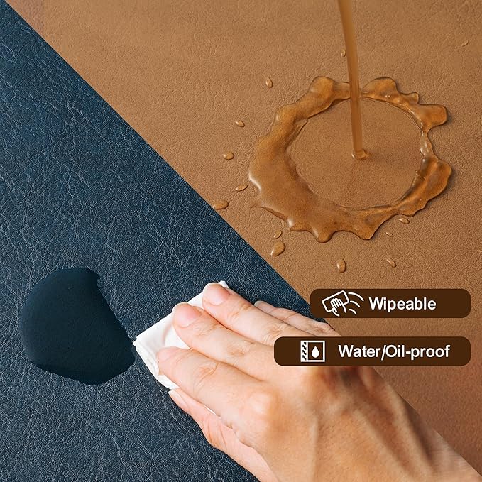 DOLOPL Placemats Set of 8 Reversible Dual-Color Table Placemats– Heat Resistant Wipeable & Washable Place Mats, Luxury Faux Leather Table Mats for Vintage Dining Table Decor (Camel & Navy Blue)