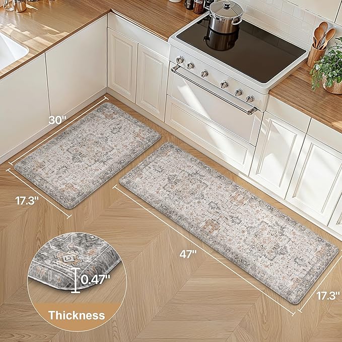 GENIMO 17.3"x47"+17.3"x30"-0.47 Kitchen Mats for Floor 2PCs, Washable Anti Fatigue Mat for Cushioned, Waterproof Kitchen Rugs, Non Slip Comfort Standing Mat Rug for Home, Sink, LightTaupeBrown