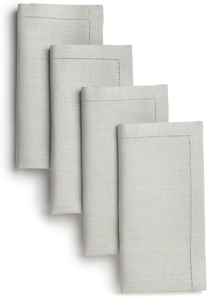 D'Moksha Homes Silver Grey Linen Napkins Set of 4 - Classic Hemstitch 100% Pure Linen Dinner Napkins Cloth 20 x 20 Inch for Fall, Thanksgiving, Holiday - Handcrafted and Machine Washable