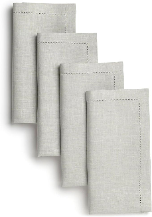 D'Moksha Homes Silver Grey Linen Napkins Set of 4 - Classic Hemstitch 100% Pure Linen Dinner Napkins Cloth 20 x 20 Inch for Fall, Thanksgiving, Holiday - Handcrafted and Machine Washable