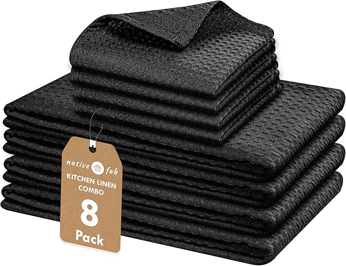 Native Fab Cotton Kitchen Towel & Dishcloths Set - 8 Pieces, Ultra Absorbent, Washable, Quick Drying, Durable Towels for Cooking, Cleaning, Baking - Ideal for Home, Restaurants, Cafes - Black