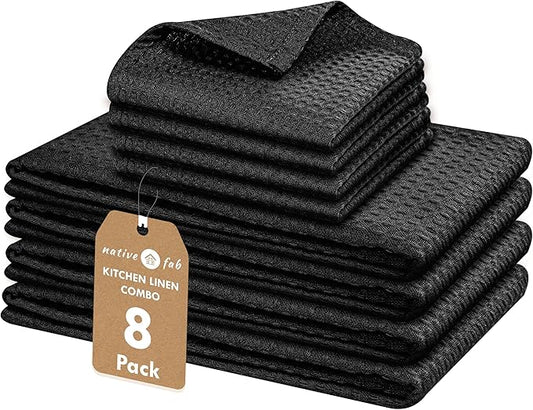 Native Fab Cotton Kitchen Towel & Dishcloths Set - 8 Pieces, Ultra Absorbent, Washable, Quick Drying, Durable Towels for Cooking, Cleaning, Baking - Ideal for Home, Restaurants, Cafes - Black