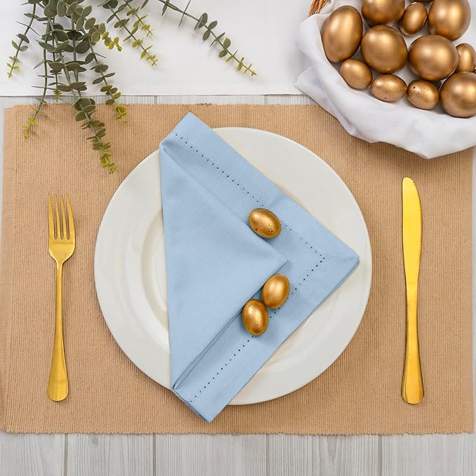 Blue Needles Set of 12 Hemstitch Linen Napkins 100% Cotton Ice Blue Cloth Dinner Napkins 18x18 inches, Soft, Reusable, Absorbent, Washable, Ideal for Fall Thanksgiving Events, Parties & Everyday Use