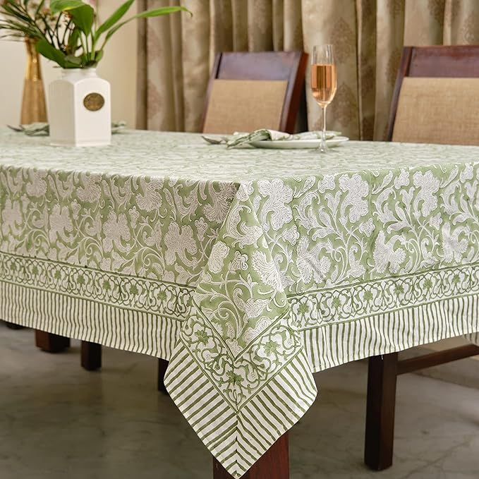 Ridhi - Hand Block Print Cotton Cloth Dinning Table Cover Wedding Farmhouse Thanks Giving Christmas Spring Tablecloth (Sage Green, 8 Seater 70x108 Inches)