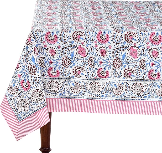 Ridhi Pigeon Blue Hand Block Print Cotton Rectangle Tablecloth 160 x 72 inch-Reusable Table Cover Decorative Everyday Use for Dining Room, Farmhouse, Thanksgiving, Christmas Wedding, Fall