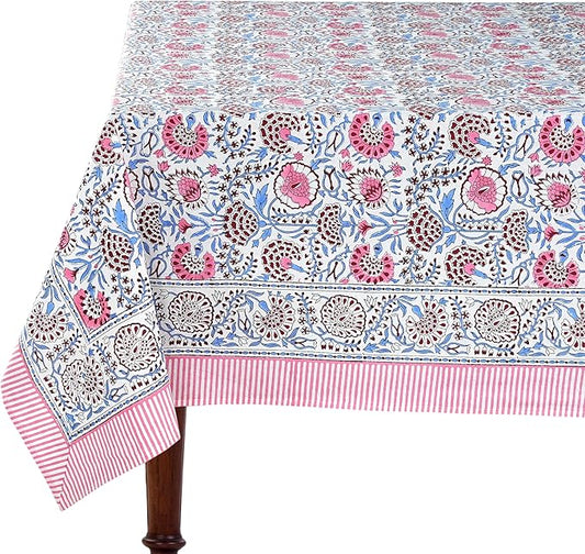 Ridhi Pigeon Blue Hand Block Print Cotton Rectangle Tablecloth 160 x 72 inch-Reusable Table Cover Decorative Everyday Use for Dining Room, Farmhouse, Thanksgiving, Christmas Wedding, Fall