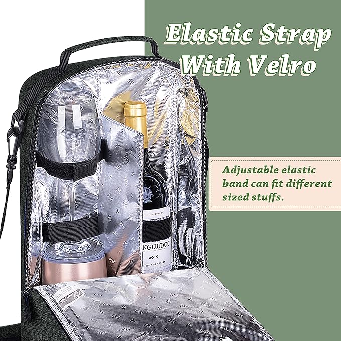 Tirrinia Insulated 2 Bottle Wine Gift Tote Bag - Tumbler Glass Cooler Carrier for BYOB Restaurants, Tasting, Travel, Park, Beach - Great Wine Lover Gift, Charcoal