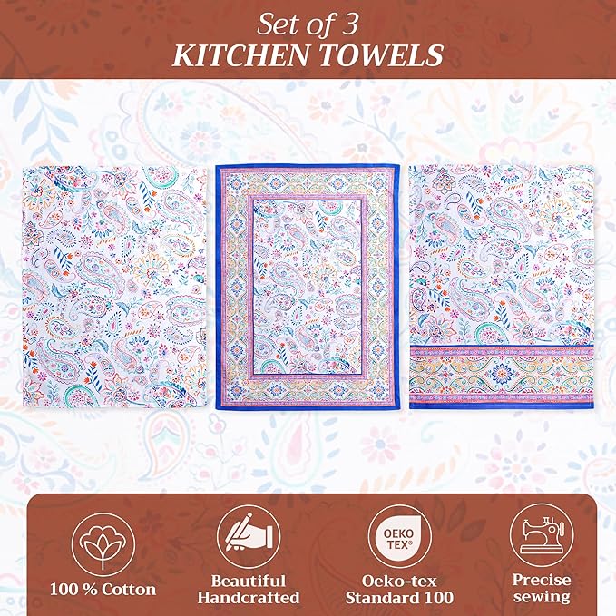 Maison d' Hermine Kitchen Towels Set of 3 100% Cotton 27.50" x 20" Reusable Cloth Tea Dish Towels Absorbent with Hanging Loop for Kitchen, Home, Dining, Cocktail Parties Spring/Summer (Indian Floral)