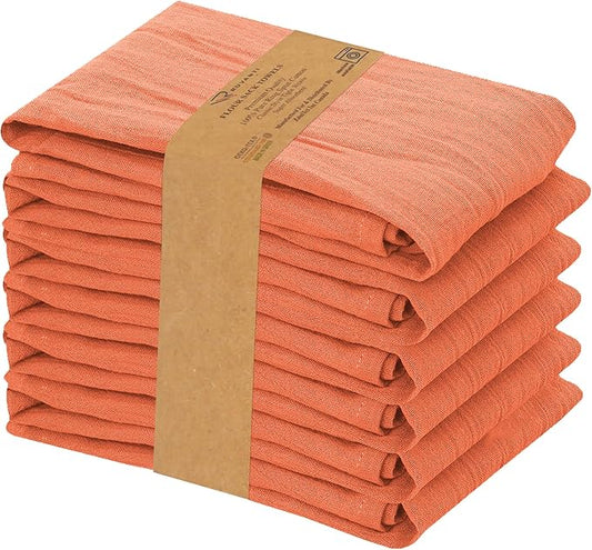 RUVANTI Flour Sack Towels 6 Pack 28x28 Inch, 100% Cotton Tea Towel, Reusable, Machine Washable, Absorbent BarTowels - Dish Cloth Perfect for Drying Dishes & Cleaning - Orange