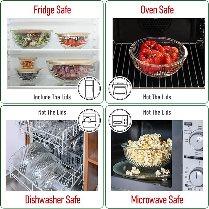 Stackable Space-Saving Set of 5 Nesting Glass Bowls with Bamboo Lids for Foodprep, Storage, Baking, Mixing & Cooking, Microwave & Oven Safe BPA Free Heat Resistant Inert Borosilicate Glass