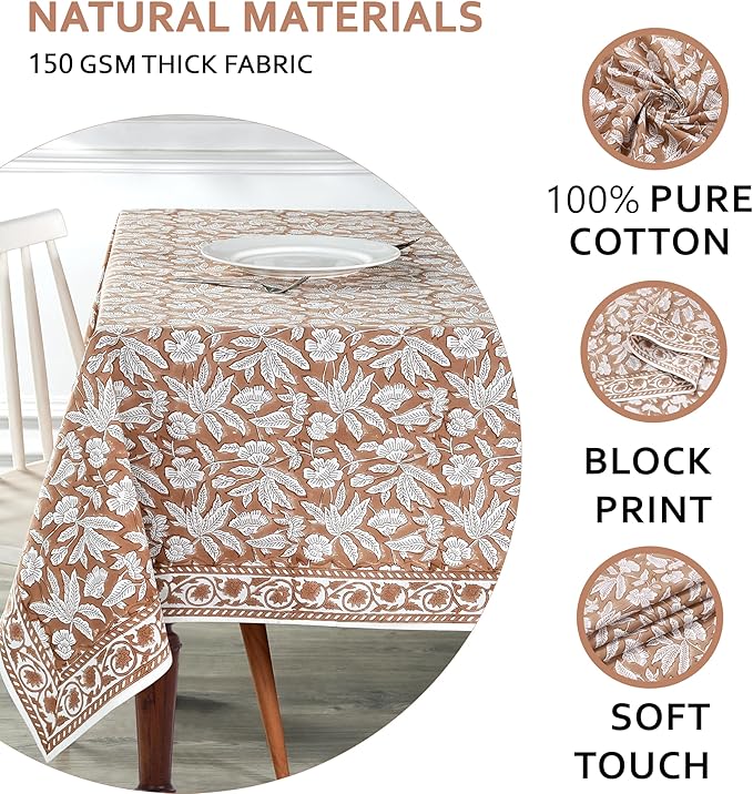 Ridhi Oak Brown Hand Block Print Cotton Rectangle Tablecloth 120 x 80 inch-Reusable Table Cover Decorative Everyday Use for Dining Room, Farmhouse, Thanksgiving, Christmas Wedding, Fall