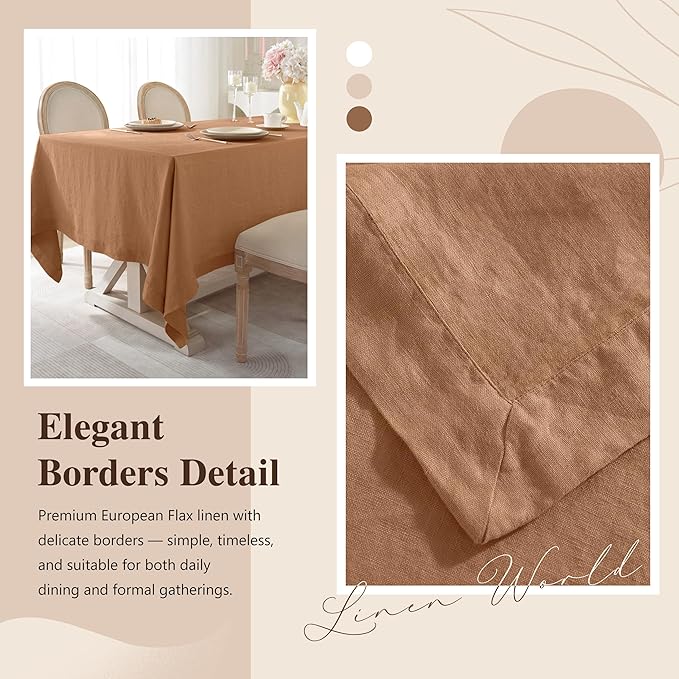 Linen World Linen Tablecloth, 100% French Linen Beige Tablecloth 108" x 60" Inch, Washable Rectangular Tablecloth for Dining, Outdoor, Weddings and Restaurants, Decorative Valentine Easter