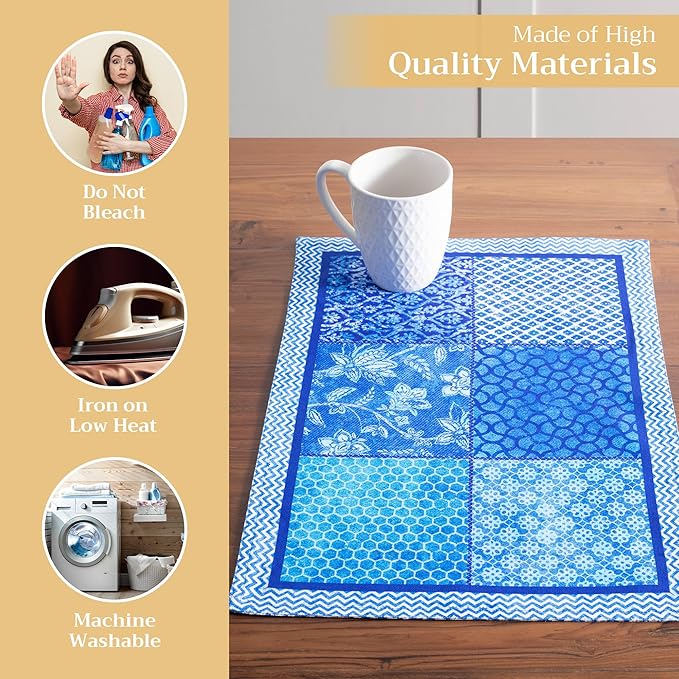 Maison d' Hermine Placemats Set of 4 100% Cotton Washable Cloth Place Mats, Reusable Table Mats for Kitchen Dining Decoration, Party, Wedding, Restaurant Spring/Summer (Indigo Love, 13" x 19")