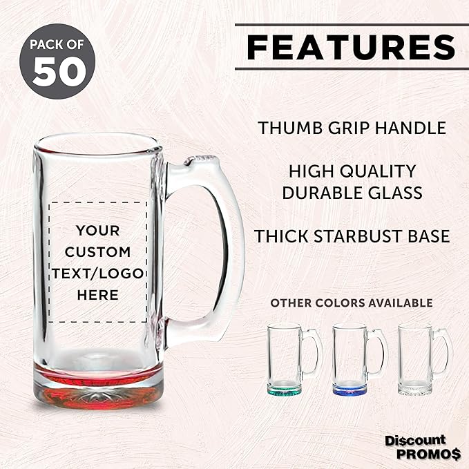 50 Libbey Beer Mugs Set, 12 oz. - Customizable Text, Logo - Groomsmen Glassware - Red