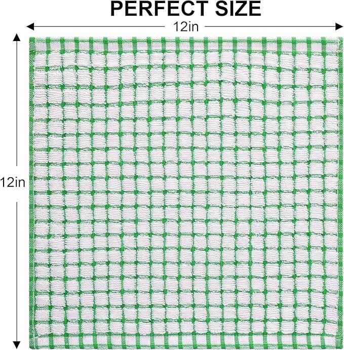 Kitinjoy Cotton 8 Pack Terry Kitchen Dish Cloths, 12 x 12 Inches Super Soft and Absorbent Dish Rags, Quick Drying Dish Towels for Washing Dishes, Green
