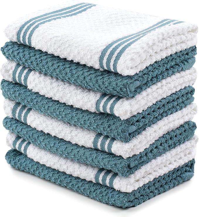 Sticky Toffee Cotton Dishcloths Set of 8 – Blue and White Dish Towels 12x12 in, Reusable and Absorbent Tea Towels for Cleaning or Drying, Oeko-Tex Cotton