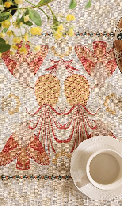 patdrea Designer Orange Tablecloth for Round Tables,Pineapple Tree Pattern Linen Tablecloth,Tropical Style Fruit Table Cover Cloth Decor for Kitchen Dining Christmas,Diameter 55"