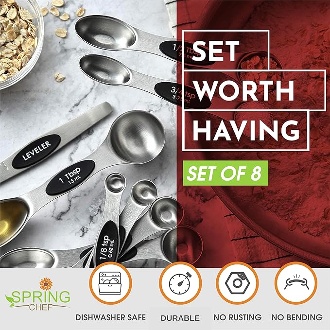 Spring Chef Stainless Steel Magnetic Measuring Spoons Set with Strong N45 Magnets, Heavy Duty Metal Kitchen Gadgets for Baking & Cooking, Fits in Most Kitchen Spice Jars, Set of 8 with Leveler, Black