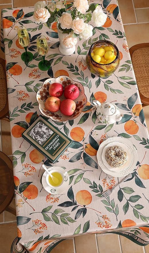 patdrea Designer Orange Tablecloth for Rectangle Tables,Framhouse Linen Oranges and Leaves Tree Pattern Linen Tablecloth,Fall Fruits Table Cover Cloth Decor for Kitchen Dining Christmas,63"*87"