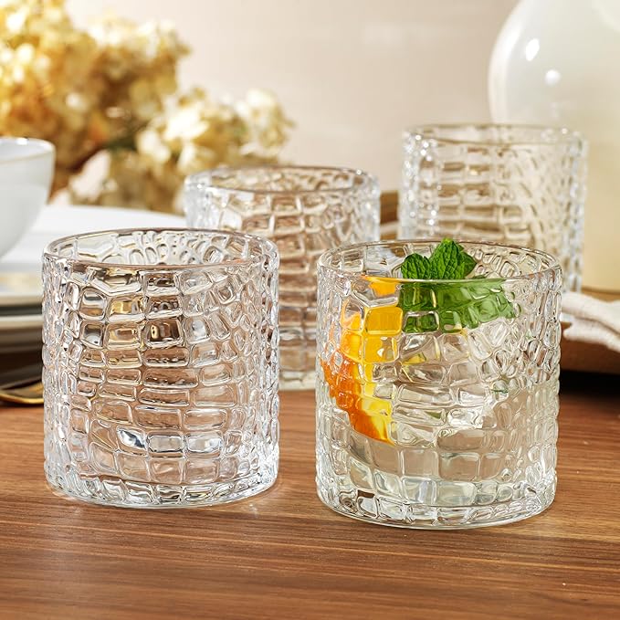 Glaver's DOF Set of 4 Clear 13oz Drinking Glasses Crackle Textured Design Double Old Fashioned Whiskey Glasses Home Everyday Bar Glassware