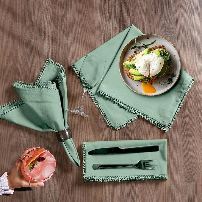 Bedding Craft Cotton Cloth Dinner Napkins Set of 12 – 18x18 Bird Egg Gray Sea Green with Decorative Lace Selvedge, Reusable Machine Washable Fabric Napkins for Weddings, Parties & Dining