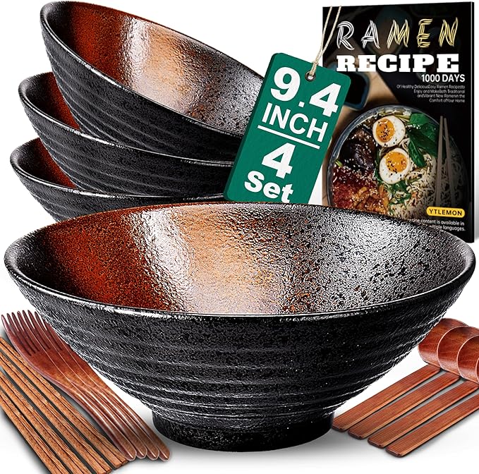 9.4Inch Ceramic Ramen Bowl Set of 4 (17 Piece) - Porcelain Japanese Salad Noodles Cereal Fruit Pasta Soup Large Bowls with Recipes Chopsticks Forks Spoons for Men Women Gift Microwave Dishwasher Safe
