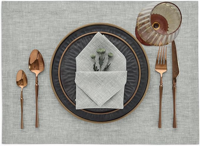 Solino Home Linen Cloth Placemats Set of 4-100% Pure Linen Chambray Grey Placemats 14 x 19 Inch for Fall, Autumn, Thanksgiving - Athena