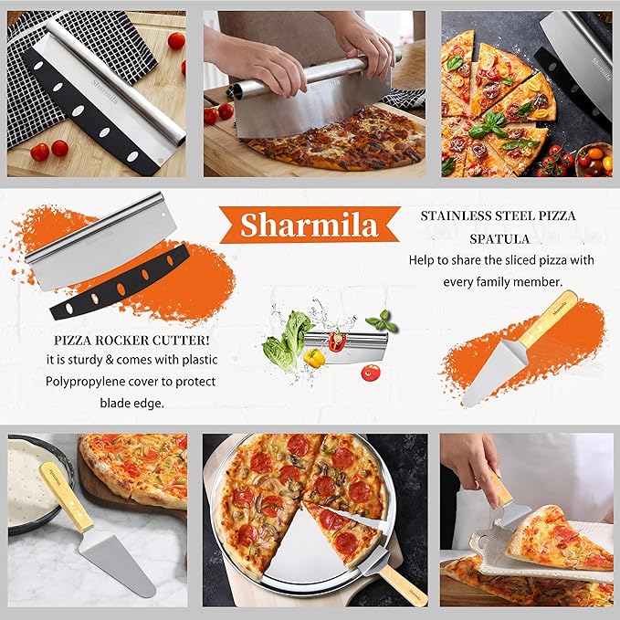 Sharmila Pizza Peel 12 Inch, Aluminum Pizza Paddle with Foldable Wooden Handle,Pizza Rocker Cutter,and Metal Pizza Spatula-Ideal for Family Pizza Oven Baking,Dough,Bread & Pastry