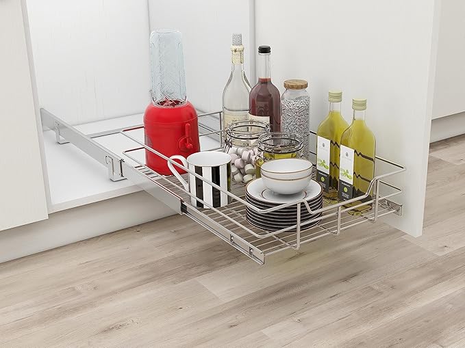 Pull Out Cabinet Organizer 14" W X 17" D, Slide Out Drawers For Kitchen Organizers and Storage, Pull Out Drawers For Cabinets Capacity Heavy Duty Caddy, Cabinet Shelves Chrome-Plated, Bathroom Pantry
