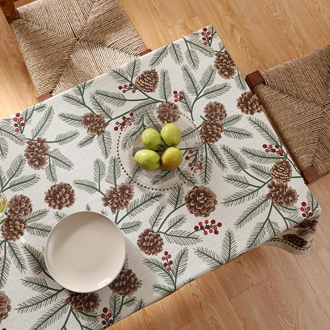Christmas Tablecloth for Rectangular Tables,Linen Table Cloth with Leaves and Pinecones Pattern,Heavy Durable Table Cover for Dining Thanksgiving Kitchen Party Banquet Christmas,63"*102"