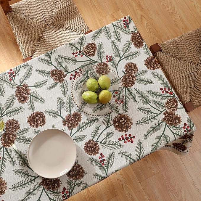 Christmas Tablecloth for Square Tables,Linen Table Cloth with Leaves and Pinecones Pattern,Heavy Durable Table Cover for Dining Thanksgiving Kitchen Decor Party Banquet Christmas,67"*67"