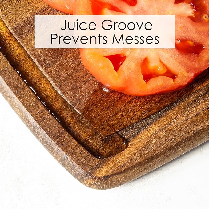 TB Home Acacia Wood Cutting Board with Juice Groove, Wooden Chopping Board for Kitchen, 14” x 7” x 5/8”