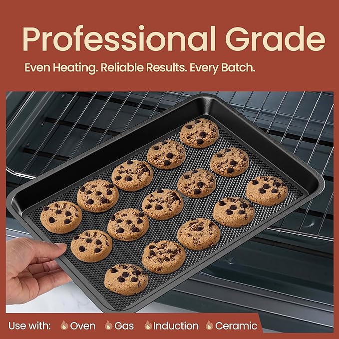 BAKKEN Kitchen Baking Pans - Nonstick Gray Coating, 13.58’’ × 9.65’’ Commercial Grade Carbon Steel Cookie Sheet, Diamond Texture Bottom, PFOA, PFOS, PTFE Free, Oven Safe Tray (450°F), Gray