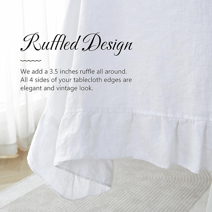 Linen World Ruffle Linen Tablecloth, 100% French Linen White Tablecloth 90" x 60" Inch, Washable Rectangular Tablecloth for Dining, Outdoor, Weddings and Restaurants, Decorative Valentine Easter