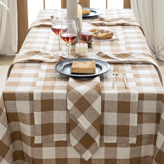 EVERLY 100% Yarn-Dyed Linen Rectangle Tablecloths 60x84Inches for Dining,Buffet Parties,Picnic,Events and Restaurants,Decorative Halloween,Thanksgiving Machine Washable Tablecloths-Brown Plaid