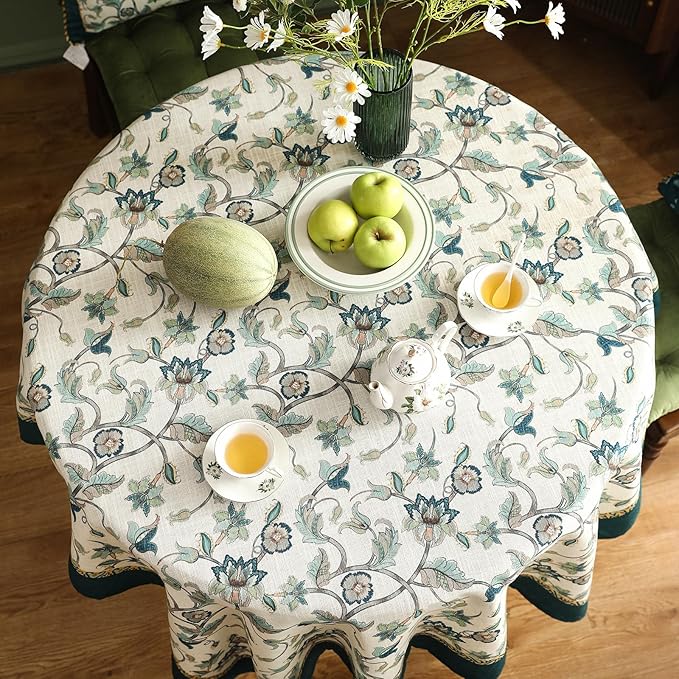 patdrea Designer Floral Linen Table Cloth Durable Breathable Tabletop Cover Dacorative Kitchen Dining Tablecloth for Round Tables for Kitchen Dining Parties,Holiday Christmas,Diameter 55"