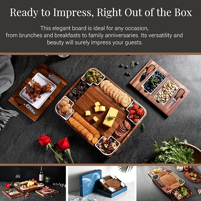 Shanik Upgraded Acacia Cheese Board Set, Square Shaped Charcuterie Set, Cheese Platter, Handcrafted Design and Stainless Steel Cutlery Set - Gift for Any Occasion No Engraving