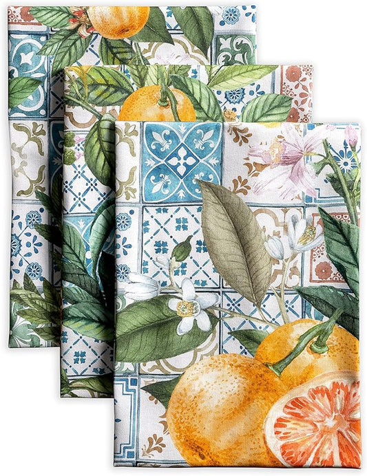 Maison d' Hermine Kitchen Towels Set of 3 100% Cotton 27.50" x 20" Reusable Cloth Tea Dish Towels Absorbent with Hanging Loop for Kitchen, Home, Dining, Cocktail Parties Spring/Summer (Agrume)