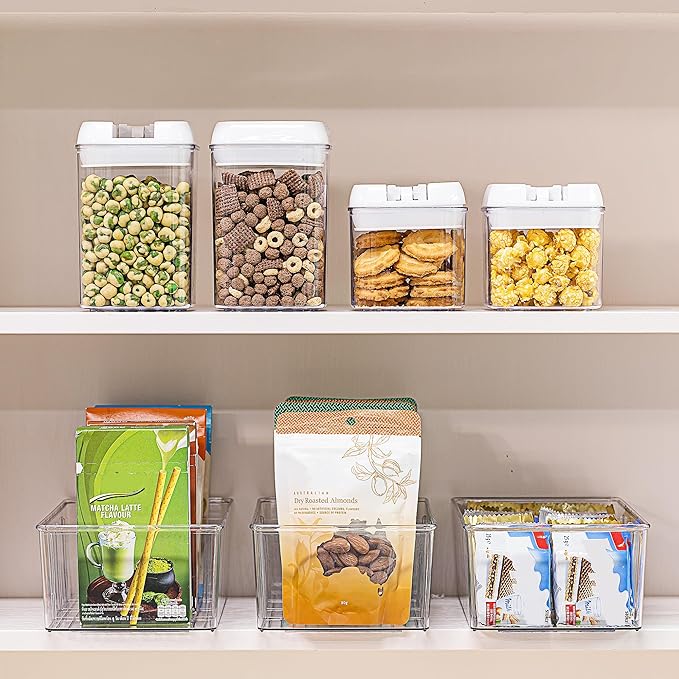 Vtopmart 6 Pack Food Storage Organizer Bins, Clear Plastic Bins for Pantry, Kitchen, Fridge, Cabinet Organization and Storage, 4 Compartment Holder Packets, Snacks, Pouches, Spice Packets