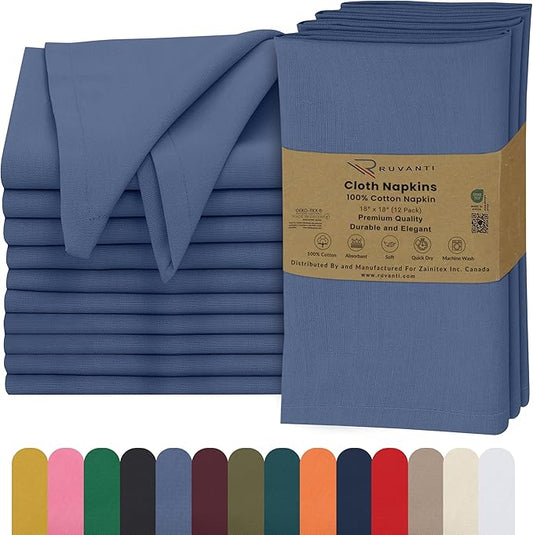 Ruvanti Cloth Napkins Set of 12, 18x18 Inches, 100% Cotton, Washable, Soft & Absorbent, Perfect for Wedding, Christmas, ‎Thanksgiving Dinners - Bijou Blue