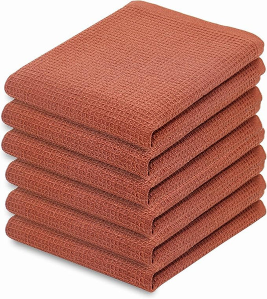 PurpleEssences Rust Waffle Weave Kitchen Towel, 100% Cotton 15x25 Inches, with Hanging Loop Soft Absorbent Quick Drying Dish Cloth, Tea and Hand Towels, 6 Pack - Christmas Holiday Winter - Rust