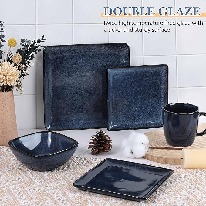 LIANYU 16 Piece Square Dinnerware Sets with Coffee Cups, Ceramic Plates and Bowls Sets for 4, Dinner Dishes for Kitchen Dining, Microwave & Dishwasher Safe, Sapphire Blue