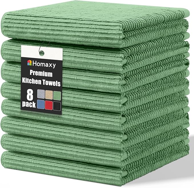 Homaxy Premium Kitchen Towels (18"x 28", 8 Pack), Large 100% Cotton Kitchen Hand Towels, Ultra Absorbent Ribbed Terry Tea Towels Set with Hanging Loop, Grass Green