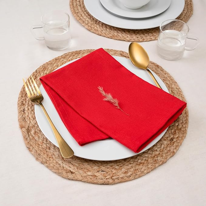 Blue Needles Solid Cloth Napkins Set of 12 Red 100% Cotton Dinner Napkins 18x18 inches - Soft, Reusable, Absorbent & Washable Fall Thanksgiving Linen, Ideal for Events, Parties & Everyday Use