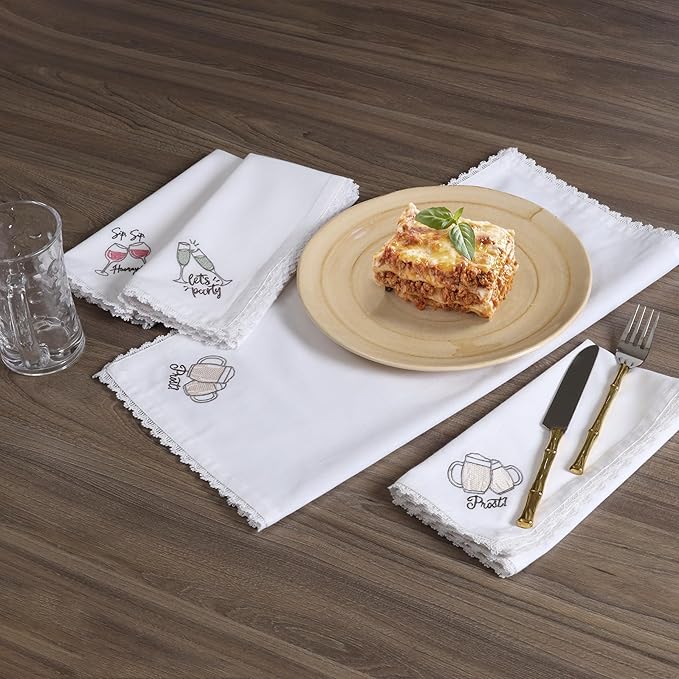 Bedding Craft Cotton Cloth Dinner Napkins Set of 12 – 18x18 Embroidered Motif with Decorative Lace Edges – Machine Washable Fabric Napkins for Weddings, Baby Showers, Christmas & Easter