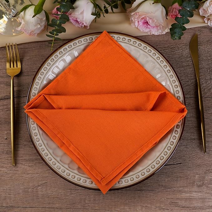 Solid Color Linen Blended Thin Dinner Fabric Napkins - Set of 12 (40 x 40 cm) - for Thanksgiving Halloween Use (Orange/Fall)